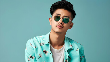 Handsome young man in a teal, floral-patterned shirt and sunglasses, posing confidently against a bright studio background. Perfect for summer fashion and lifestyle promotions. Copy space available.