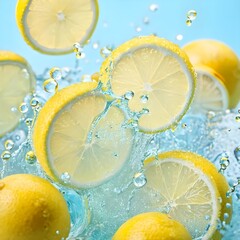 Slices of juicy lemon in  splashing cold water 