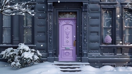 soft lavender door with ornate details on a dark grey house, offering a pop of color in a snowy urban scene