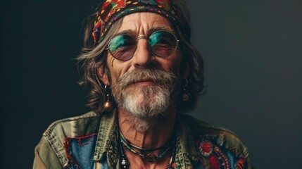 Wall Mural - portrait of a hippie senior man on gray background