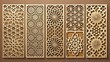 © Alon - Vector laser cut templates. Modern abstract geometric panels with mesh, grid, lattice patterns, floral silhouettes. Moroccan style ornaments. Template for cnc cutting of metal, wood. Aspect ratio 1:2