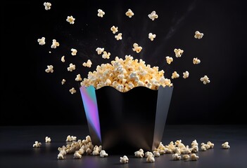 corn and pop corn falling burst in blank packet dark background 