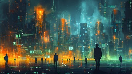 Poster - Digital Cityscape With Silhouetted Figures at Night