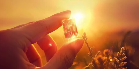 Leinwandbilder - Close-up of a glowing nano microchip held by fingers, highlighting the advanced technology and precision engineering in electronics