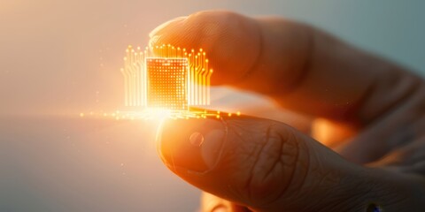 Leinwandbilder - Close-up of a glowing nano microchip held by fingers, highlighting the advanced technology and precision engineering in electronics