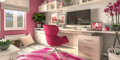 Wall Mural - Trendy workspace, ivory and fuchsia pops, simple design, 32k UHD,