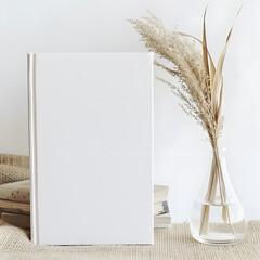 white book mockup with a dried grass in a vase on the beige table isolated on white background, flat design, png