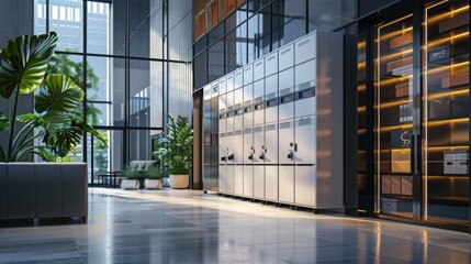 Aufkleber - A modern office building lobby with rows of silver lockers and large windows.
