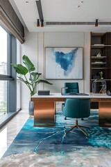 Wall Mural - Vibrant office decor, teal and copper accents, simple layout, 32k UHD,