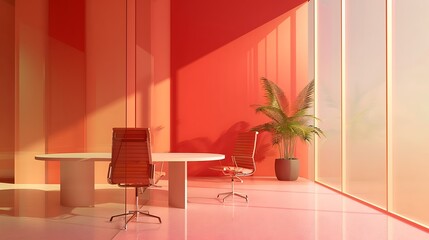 Wall Mural - Vibrant office setting, scarlet and ivory tones, minimalist design, no shadows, 32k UHD,