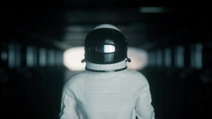 Wall Mural - alone astronaut walk in futuristic space corridor, room. cinematic 4k footage