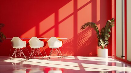 Wall Mural - Vibrant office setting, scarlet and ivory tones, minimalist design, no shadows, 32k UHD,