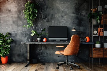 Wall Mural - Vibrant workspace design, charcoal and apricot accents, simple style, 32k UHD,