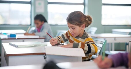 Aufkleber - Drawing, girl and classroom for education at school with learning, knowledge and information of creative exam. Student, writing and paper for lesson activity, assessment and future development