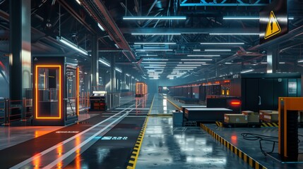 Poster - A sleek warehouse with bright lights, black containers, conveyor belts, and a clean, reflective floor exudes order and efficiency.
