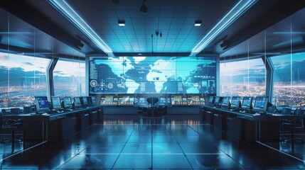 Aufkleber - A modern control room with a big screen showing a world map and data points. Brightly lit, workstations with monitors, windows with a city view at night.