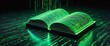 © Qbertstudio - A glowing green book with digital binary code represents technology, cyber literature, and futuristic learning in a sci fi, high tech atmosphere
