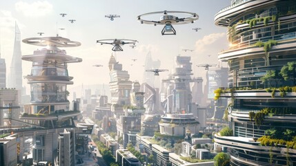 Poster - A futuristic cityscape with flying drones in the sky. The city is made up of tall, modern buildings with a lot of greenery.