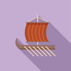 Sticker - Ancient greek warship sailing with red striped sail on purple background