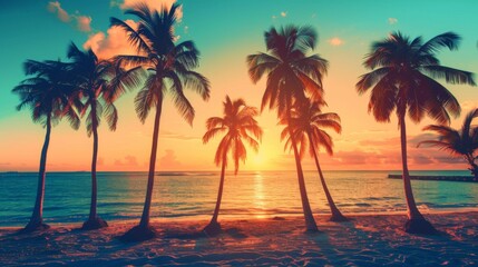 Wall Mural - Magnificent image of a tropical beach with a splendid sunset, where palm trees stand tall against a colorful sky, creating a scene of natural elegance and peace.