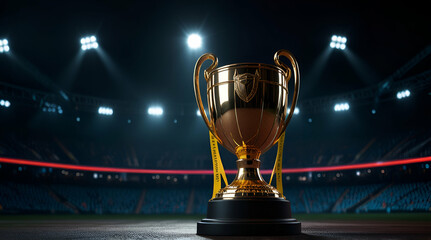 World championship winner cup trophy at sports stadium in the Dark night