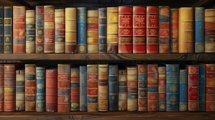 A collection of colorful vintage books neatly arranged on a wooden shelf, bathed in warm, ambient light, showcasing the charm of classic literature and history.