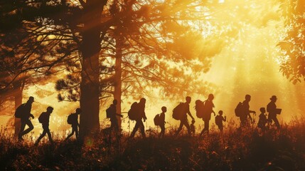 Wall Mural - A group of hikers walking through a forest, illuminated by warm, golden light during sunrise or sunset, representing journey, camaraderie, and the beauty of nature.