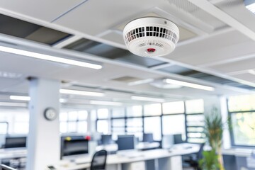 Modern smoke detector installed in an office ceiling, highlighting safety and fire prevention in a professional indoor setting