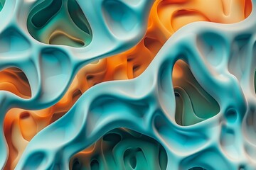 Poster - An abstract image showcasing interwoven organic shapes in blue and orange hues, creating a fluid and dynamic visual effect with a modern, artistic style.