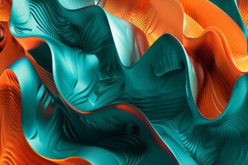 Poster - A stunning abstract image featuring fluid waves in vibrant teal and orange colors, showcasing dynamic movement and intricate textures, perfect for modern artistic expressions.