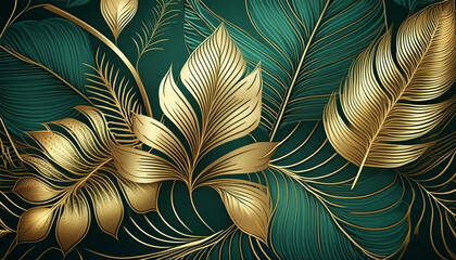 Wall Mural - Abstract luxury art background with exotic tropical leaves in green and gold, illustration.