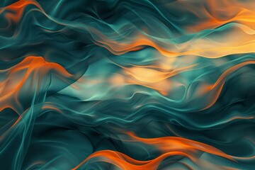 Poster - An abstract image showcasing dynamic and colorful waves of teal and orange hues moving in a fluid, rhythmic pattern, capturing a sense of motion and energy.