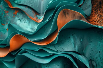 Aufkleber - Rippling waves in teal and orange create a dynamic, fluid abstract design evoking motion and fluidity in a visually soothing color palette, perfect for modern designs.