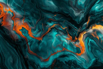 Poster - A captivating abstract fluid artwork with marble-like teal and orange patterns, creating an intricate and dynamic composition filled with vibrant energy and organic flow.