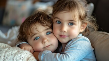 Two children with soft expressions hug each other while seated indoors, creating a tender and intimate moment, highlighting the bond and comfort they share.