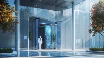 Aufkleber - A modern office building with a glass facade and a digital display screen embedded in the entrance. A man in a suit is reflected on the glass surface.