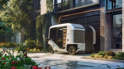 Poster - A white autonomous delivery van is parked in front of a modern building, with greenery and flowers in the foreground.