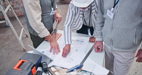 Wall Mural - Construction, building and blueprint for planning or worker, property development and architecture conversation on site. Documents, people and teamwork collaboration, table and project management