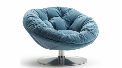 Stylish chair in contemporary design with soft blue cushions and spinning base made of sturdy steel