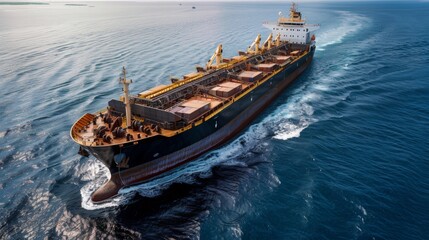 Aufkleber - A large cargo ship sails across a vast expanse of blue ocean. The ships hull is a deep black, with yellow accents and a white superstructure. It leaves a trail of white foam in its wake.