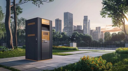 Poster - In a city park, a sleek black kiosk with gold accents is surrounded by greenery. Tall buildings and a setting sun create a warm backdrop.