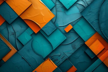 Aufkleber - This image features an abstract composition of teal and orange geometric shapes layered with textured surfaces, creating a visually dynamic and engaging pattern.