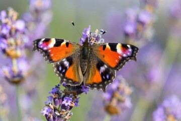 Poster - A colorful butterfly with orange and black wings sits delicately on purple flowers, presenting a striking contrast in bright daylight.