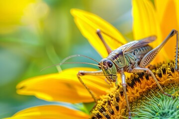 Poster - A close-up image of a grasshopper delicately perched on a vibrant yellow sunflower, showcasing nature's intricate beauty with striking details of the insect and flower.