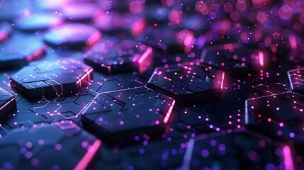 Fototapete - Futuristic glowing hexagonal digital grid with purple and blue lights. Conceptualizing advanced technology and network connections. Ideal for backgrounds, tech illustrations
