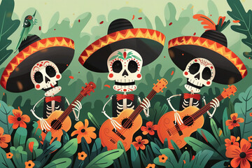 three skeletons playing guitars. the skeletons are mariachi dresses. dia de muertos theme