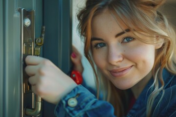 Fototapete - A woman with a cheerful smile is seen adjusting mechanical equipment indoors, representing skill, determination, and technical expertise in her work.