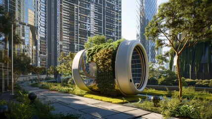 Aufkleber - A futuristic-looking pod with plants growing on it sits in an urban landscape surrounded by buildings and trees.
