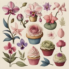 Canvas Print - seamless background with orchid and cupcakes 