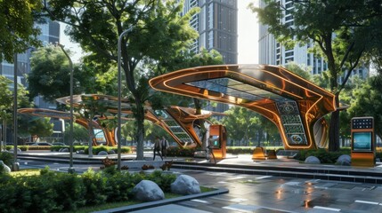 Aufkleber - A futuristic bus stop with a large, curved canopy and digital displays stands in a modern urban setting with tall buildings and lush greenery.